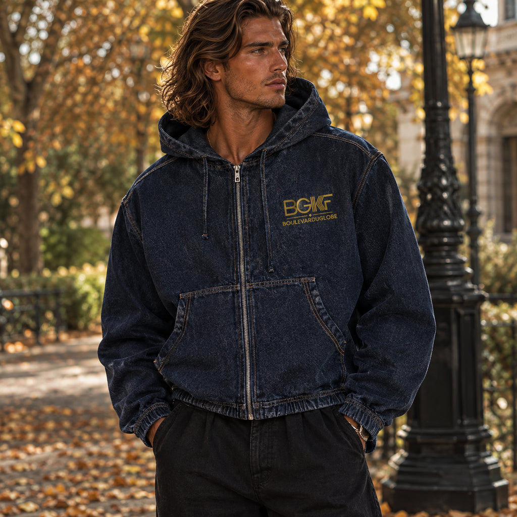 Veste en jean homme à capuche, coupe boxy vintage Collection BOULEVARDUGLOBE®